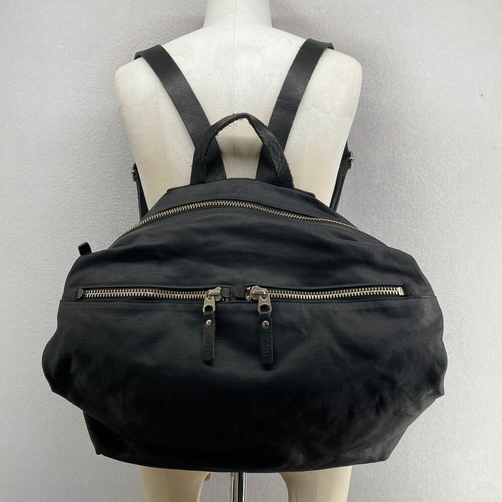 M0851 Backpack Coated Canvas Leather Straps Utility Bag Zip Multi Pocket Black - Picture 1 of 16